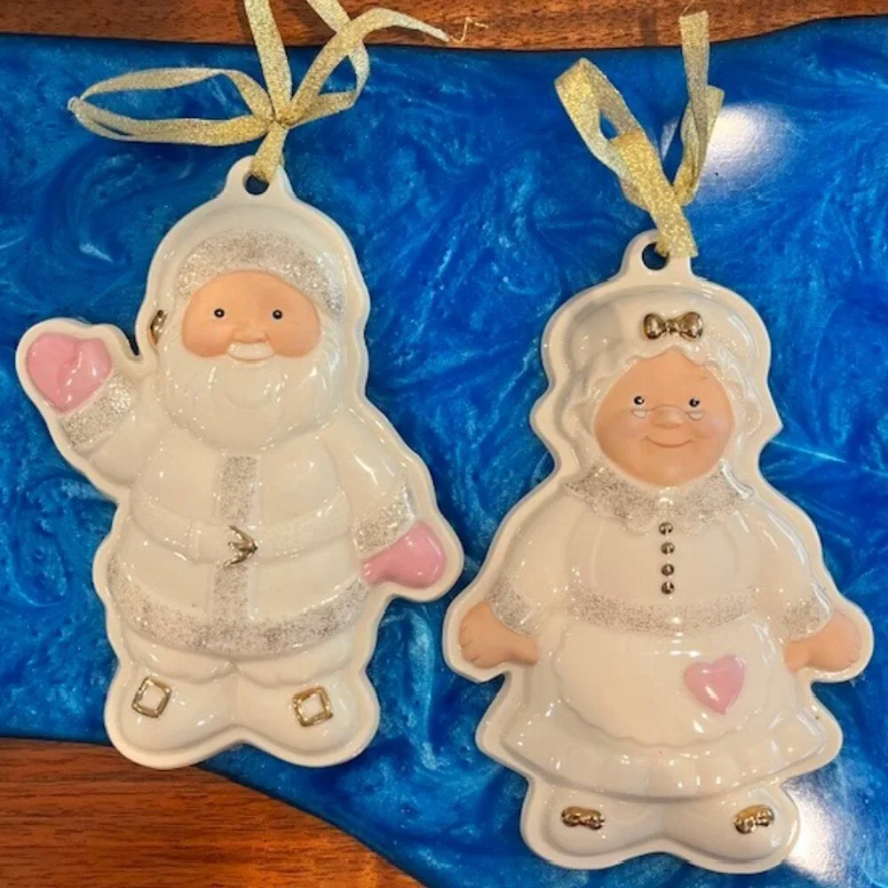 Set of Lenox Ceramic Santa & Mrs Claus Cookie Mold Ornaments